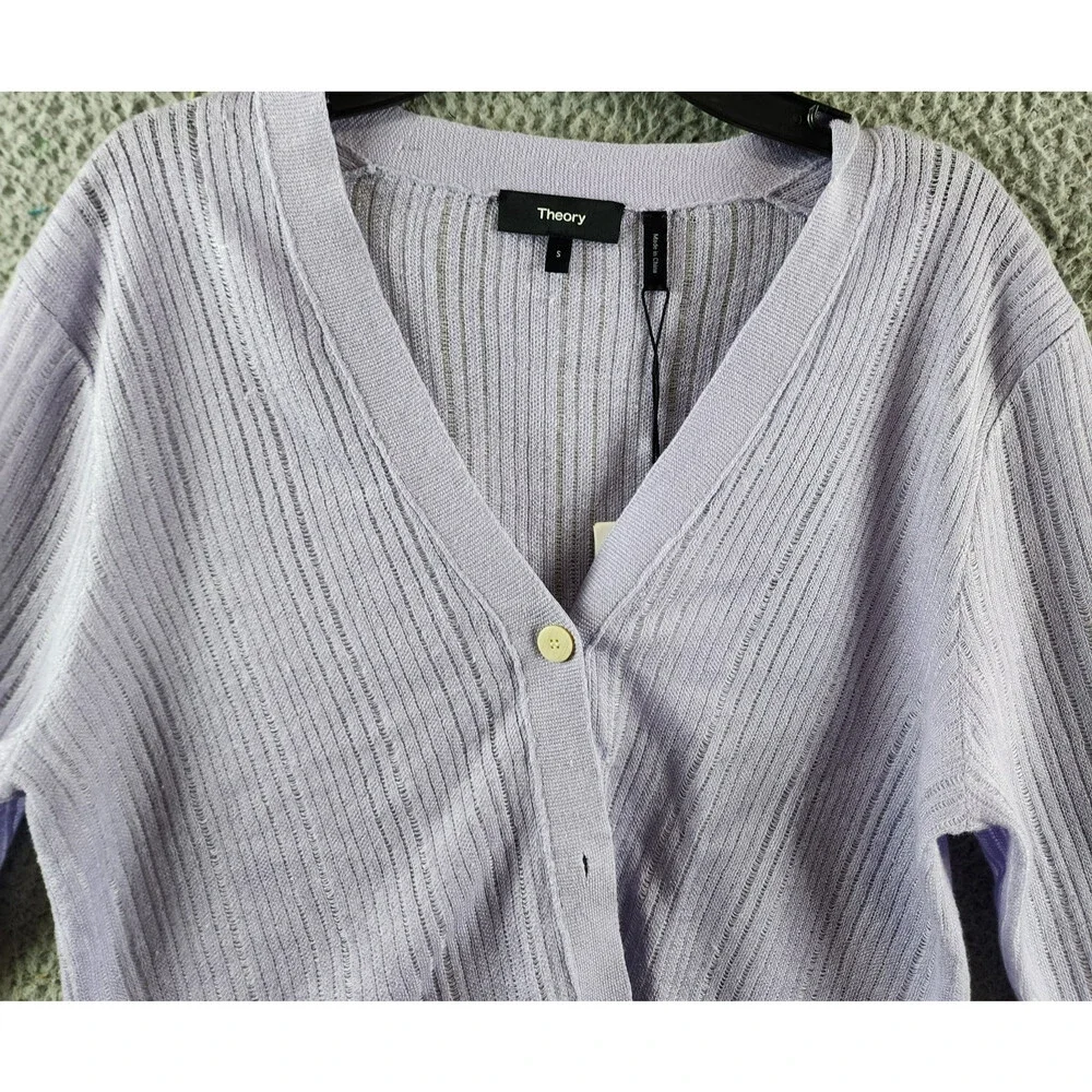 Theory Cropped Cardigan Women's S Soft Iris V-Neck Linen Blend Button Front L/S - Picture 4 of 14